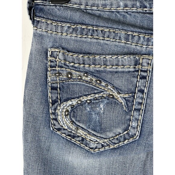 Silver Jeans Women’s 27/33 Tuesday Bootcut Flare Low-Rise Distressed Blue Denim - Picture 13 of 16